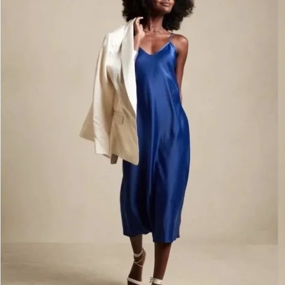 Satin Slip Midi Dress in Royal Blue - Picture 1 of 3